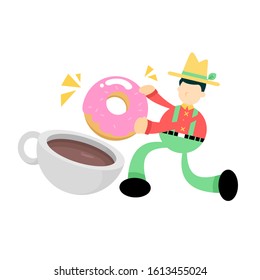 farmer man agriculture and sweet doughnut drink coffee cup cartoon doodle flat design style vector illustration