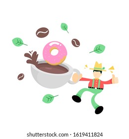 farmer man agriculture and sweet doughnut drink coffee cup cartoon doodle flat design style vector illustration