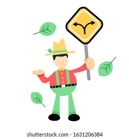 farmer man agriculture and two direction path road sign cartoon doodle flat design style vector illustration
