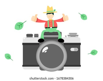farmer man agriculture and vintage camera photograph cartoon doodle flat design style vector illustration