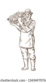 
Farmer man with a basket of bread. In a hat, boots and shirt. Rural portrait. Harvesting. Bakery shop. Natural products.