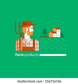 Farmer man with beard in hat with fork, side view. Checked shirt and jumpsuit. Country house and barn icon. Flat design vector illustration