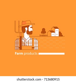 Farmer man with beard in hat with fork, side view. Checked shirt and jumpsuit. Country house and barn icon. Flat design vector illustration