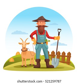 Hombre granjero en botas, guantes y sombrero con pala o pala y cabra en el campo con heno y valla. Caricaturista sonriente en el campo del cultivo. Aldea o campesino, campesinos 