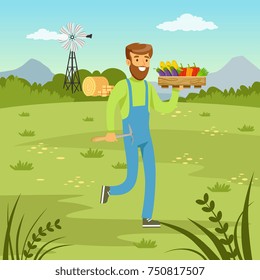 Farmer man carrying a basket full of fresh vegetables, agriculture and farming, rural landscape vector Illustration, web banner