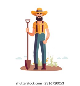 Farmer man character constructor and objects. With a shovel, on the field. Flat style vector illustration isolated on white background.