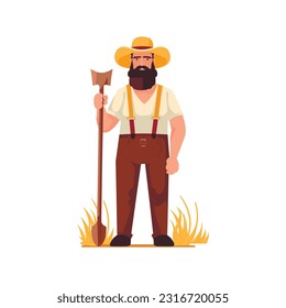 Farmer man character constructor and objects. With a shovel, on the field. Flat style vector illustration isolated on white background.