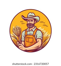 Farmer man character constructor and objects. With a shovel, on the field. Flat style vector illustration isolated on white background.