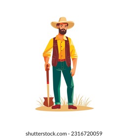 Farmer man character constructor and objects. With a shovel, on the field. Flat style vector illustration isolated on white background.