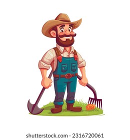 Farmer man character constructor and objects. With a shovel, on the field. Flat style vector illustration isolated on white background.