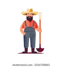 Farmer man character constructor and objects. With a shovel, on the field. Flat style vector illustration isolated on white background.