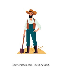 Farmer man character constructor and objects. With a shovel, on the field. Flat style vector illustration isolated on white background.