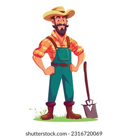 Farmer man character constructor and objects. With a shovel, on the field. Flat style vector illustration isolated on white background.