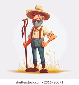 Farmer man character constructor and objects. With a shovel, on the field. Flat style vector illustration isolated on white background.