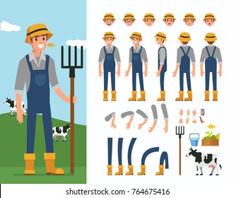 Farmer man character constructor and objects for animation scene. Set of various men's poses, faces, hands, legs. Flat style vector illustration isolated on white background.
Farmer man character constructor and objects for animation scene. Set of various men's poses, faces, hands, legs. Flat style vector illustration isolated on white background.
