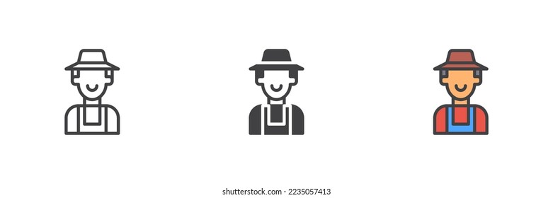 Juego de iconos de estilo diferente para el hombre agricultor. Línea, glifo y contorno relleno versión colorida, contorno y signo vectorial relleno. Símbolo, ilustración del logotipo. Gráficos vectoriales