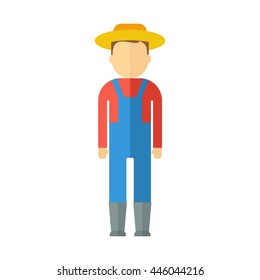 Farmer man dressed in boots, hat, overalls, shirts. Objects isolated on background. Flat and cartoon vector illustration.