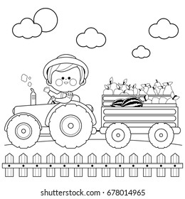 Farmer man driving a tractor, carrying fruits in crates. Organic produce from the farm and fields. Tractor with fresh fruit, apples, pears, watermelons and lemons. Vector black and white coloring page