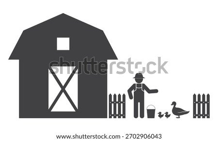 farmer man feed duck with ducklings near barn house agriculture icon