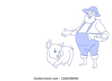 farmer man feed pig pork butcher animal farm countryman male character sketch doodle horizontal vector illustration