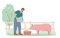 Farmer Man Feeding Pig. Male Character Taking Care Of Farm Animal. Farming Concept. Vector Illustration Isolated On White Background.