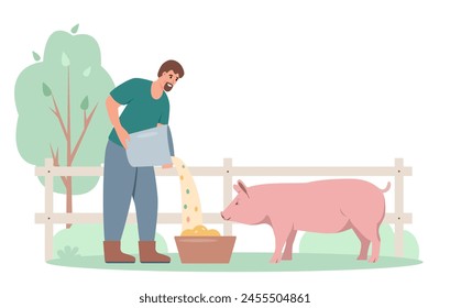 Granjero alimentando cerdos. Personaje masculino cuidando de animal de granja. Concepto de agricultura. Ilustración vectorial aislada sobre fondo blanco.