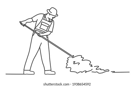 Farmer man gathers hay. Hand drawn vector illustration.