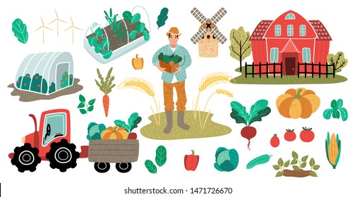 Farmer man with harvest. Farm red house with greenhouse and vegetable garden. Tractor with trailer and crop. Vector illustration, cartoon flat style. Funky people