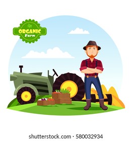 Farmer man in hat with beard near boxes with vegetable harvest like eggplant and tomato, beets. Man near tractor or agrimotor at his organic or farm producing eco food. Healthy nutrition, agriculture