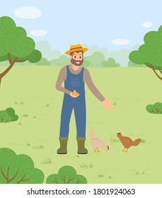 Farmer man in hat feeding chickens hens with cereals and wheat seeds countryside landscape. Tending domestic birds, smiling bearded farmer worker with food for fowls. Poultry breeding concept