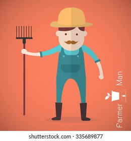 Farmer man with hay fork on orange background Vector illustration