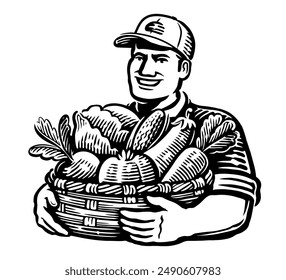 Farmer man holding basket full of fresh ripe vegetables. Farm organic food emblem. Drawing sketch vector illustration