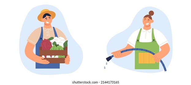 Farmer Man holding crate of fresh vegetables and woman carefully waters the plants with a hose in uniform. Gardening concept. Work in a garden, farm. Hand draw flat cartoon vector illustration