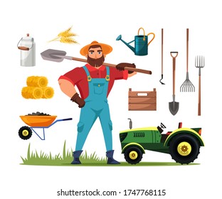 Farmer man holding shovel, equipment, attribute set isolated on white. Tractor, grass, milk can, hay, wheat ears bunch, wooden box, watering can, pitchfork, rake, hoe, wheelbarrow. Vector illustration