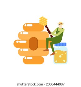 farmer man honey bee hive people character flat design vector illustration