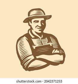 Farmer man logo. Farm, agriculture symbol in engraving style. Sketch vintage vector illustration