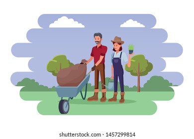 farmer man with moustache pushing a wheelbarrow and sack and woman with hat holding a plant pot and watering can avatar cartoon character over the grass with shruberry, trees and