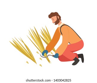 Farmer man mowing wheat by scythe, agricultural season work on field, worker character cutting straw, male wearing gloves and working clothes vector