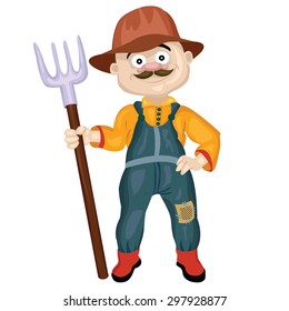 Farmer man with a mustache wearing a hat holding a rake in his hand