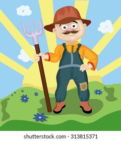 Farmer man with a mustache wearing a hat holding a rake in his hand