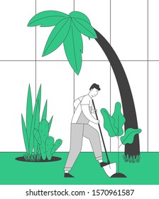 Farmer Man in Overalls Working in Garden Digging Soil and Care of Plants in Greenhouse. Gardener Planting Sprouts to Ground. Active Outdoor Hobby or Work. Cartoon Flat Vector Illustration, Line Art