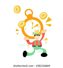 farmer man pick time clock cartoon doodle flat design style vector illustration