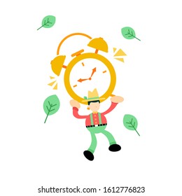 farmer man pick time clock cartoon doodle flat design style vector illustration