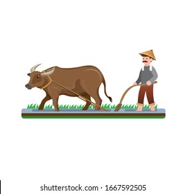 farmer man ploughing paddy field with water buffalo cartoon flat illustration vector isolated in white background