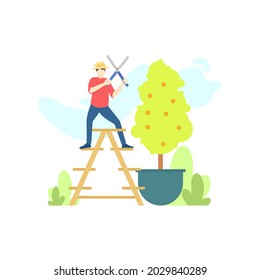 farmer man are pruning crops plant on the garden farm people character flat design vector illustration