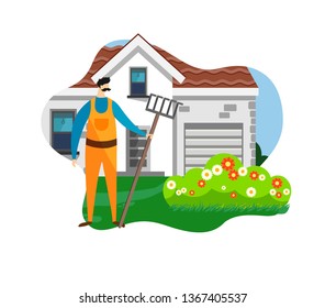 Farmer Man with Rake in Hand Standing on House and Flowerbed Background. Gardener Taking Care of Flowers, Growing Plants in Nature, Clean Ecology, Garden Tools. Cartoon Flat Vector Illustration. Icon.