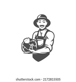 Farmer man with raw steak meat piece butchery shop agricultural market vintage icon vector illustration. Butcher male holding fresh organic pork beef bacon delicious food countryside rural meal