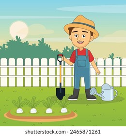 Farmer man with spade in hat farm