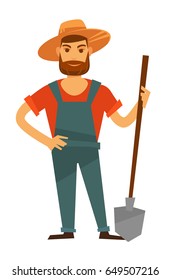Farmer man with spade in hat, vector farm agriculture