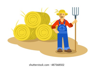 Farmer man standing with pitchfork near group of hay bales. Vector flat illustration. Farming cartoon character. Organic agriculture concept. Smallholder harvesting in work uniform